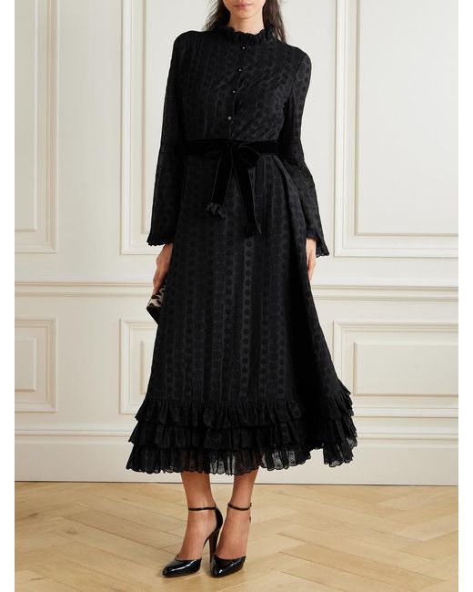 Valentino Garavani Black Belted Tiered Velvet-Trimmed Broderie Anglaise Cotton Midi Dress