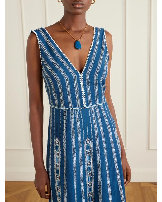 Emporio Sirenuse Blue Nellie Embroidered Cotton And Linen-Blend Maxi Dress