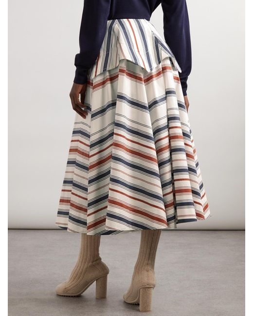 Bottega Veneta Blue Striped Cotton And Linen-Blend Midi Skirt