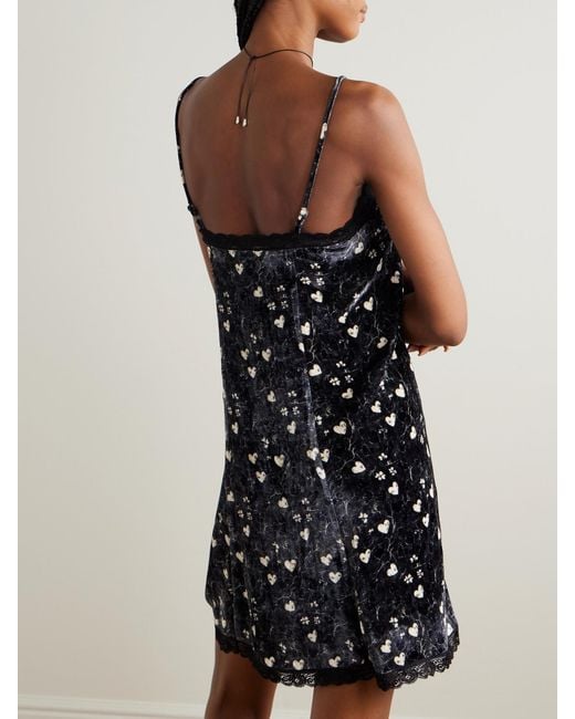 R13 Black Lace-Trimmed Printed Velvet Mini Dress