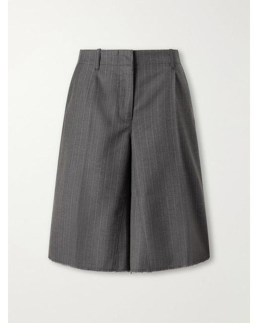 Our Legacy Gray Jumbo Distressed Pleated Striped Cotton And Wool-Blend Shorts