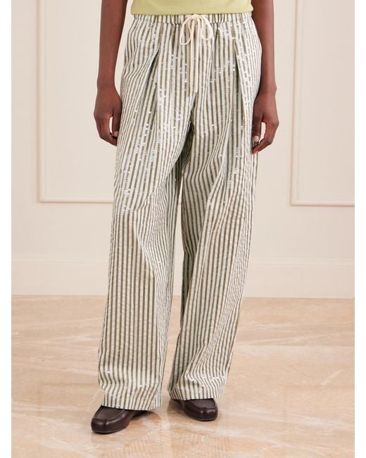 Twp White Pj Sequin-Trimmed Striped Cotton-Blend Wide-Leg Drawstring Pants