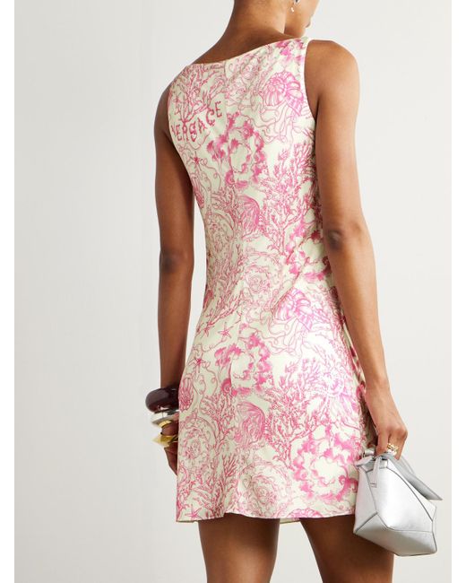 Versace Pink Minikleid Aus Bedrucktem Seidensatin Mit Verzierungen