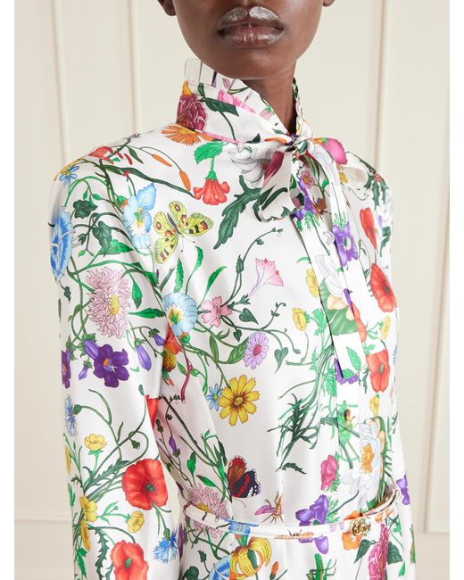 Gucci White Belted Tie-Detailed Pleated Floral-Print Silk-Twill Maxi Dress