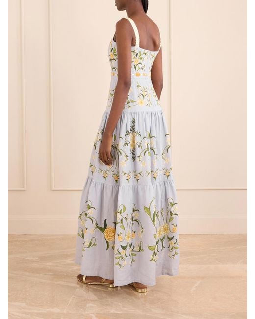 Agua Bendita White Cinefila Floral-Printed Linen Maxi Dress