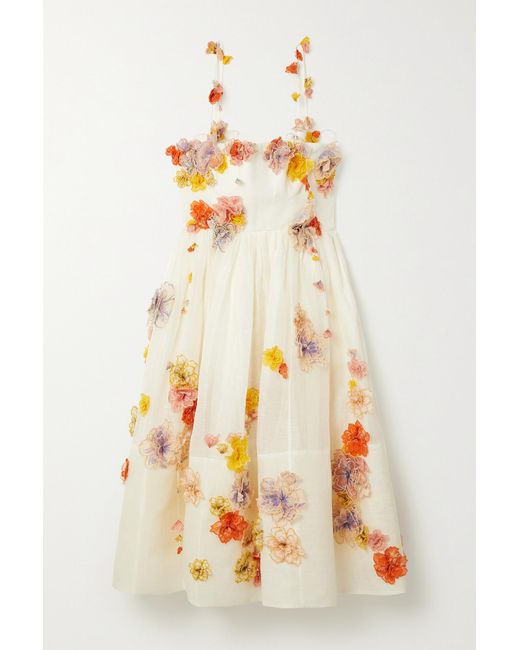Zimmermann Postcard AppliquÃ©d Linen And Silk-blend Midi Dress in White - Lyst