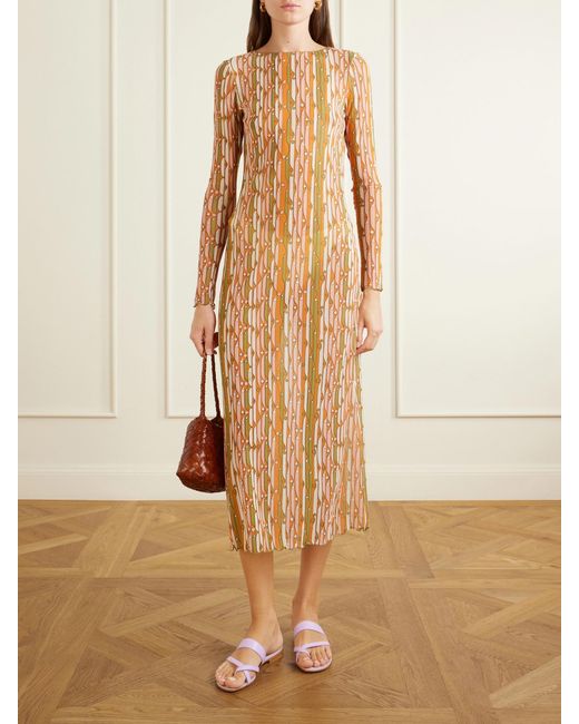 LaDoubleJ Natural Slinky Swing Printed Chiffon Midi Dress