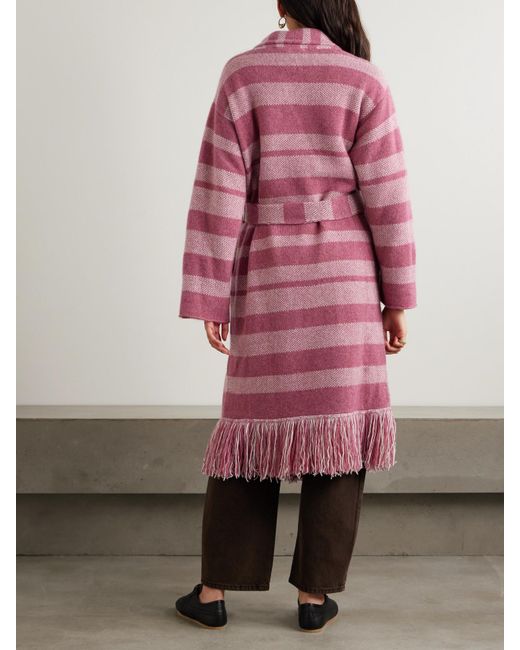 The Elder Statesman Pink Subway Belted Fringed Striped Cashmere Cardigan