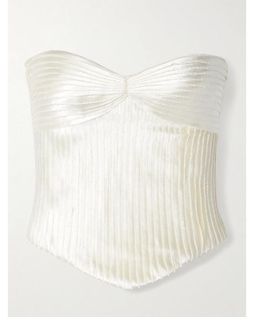 Danielle Frankel White Ella Strapless Frayed Pintucked Silk And Wool-Blend Satin Bustier Top