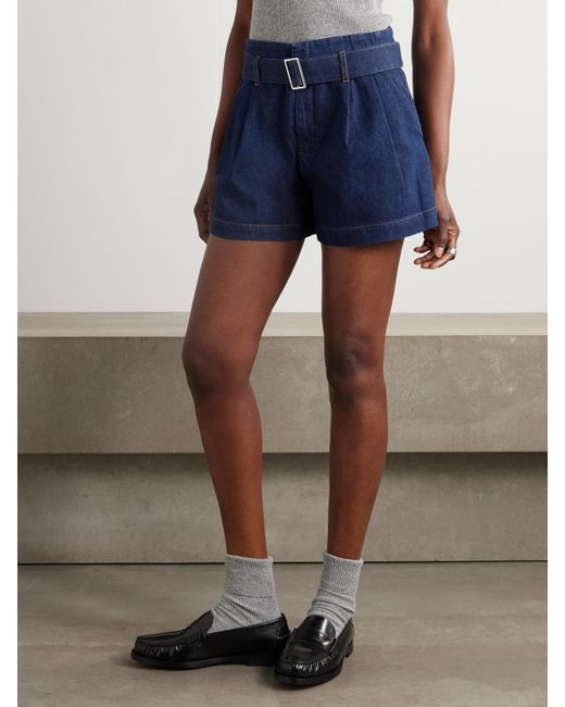FRAME Women's Blue The Paper Bag Belted Pleated Denim Shorts