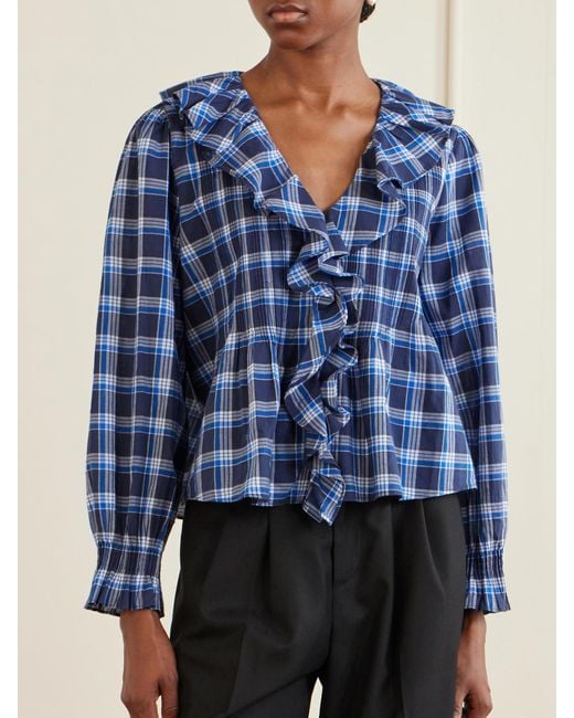 Doen Blue Hardy Checked Shirred Organic Cotton Blouse