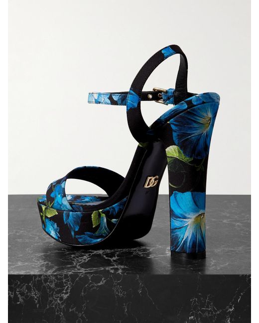 Dolce & Gabbana Blue Floral-Print Crepe Platform Sandals