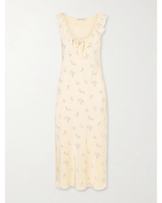 Alessandra Rich Natural Floral-Print Lace-Trimmed Silk-Satin Midi Dress