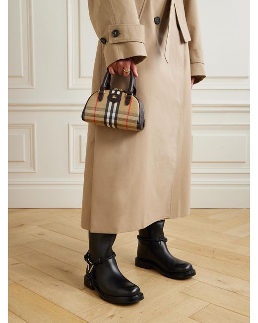 Burberry Natural Mini Tote Aus Beschichtetem Canvas Mit Karomuster Und Lederbesätzen