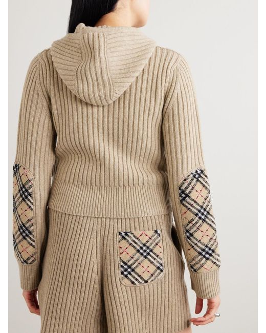 Burberry Natural Checked Bouclé-Trimmed Ribbed Wool And Cashmere-Blend Hoodie