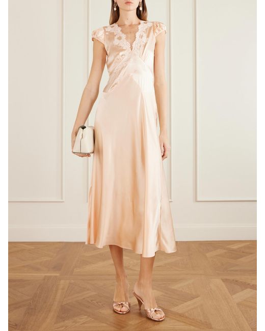 Doen Natural Coraline Corded Lace-Trimmed Silk-Satin Midi Dress