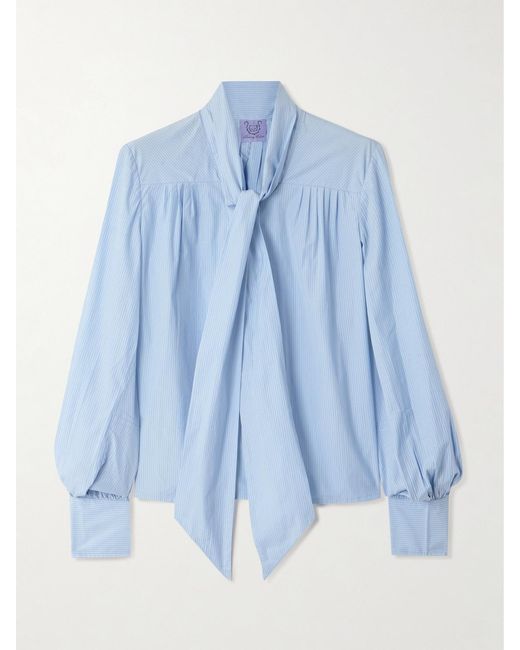 Thierry Colson Blue Alba Pussy-Bow Striped Cotton-Poplin Blouse