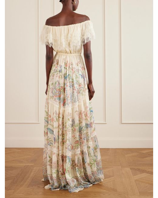 Etro Natural Off-The-Shoulder Lace-Trimmed Floral-Print Silk-Chiffon Maxi Dress