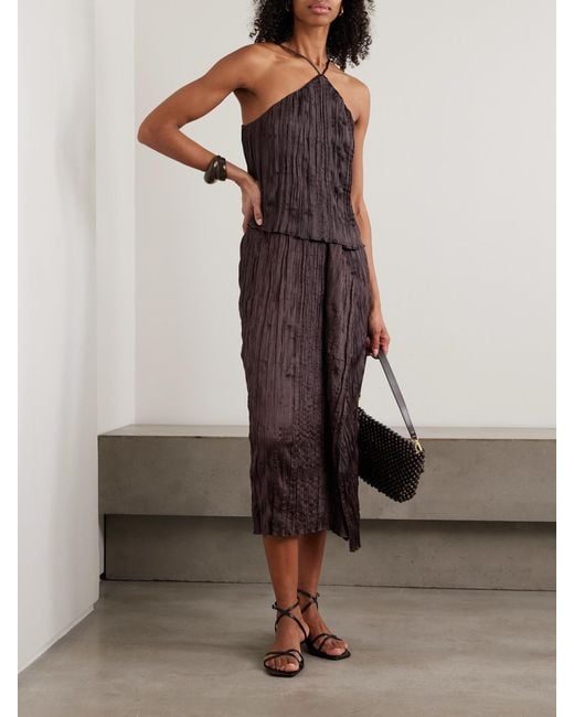 Staud Brown Akari Plissé-Satin Top