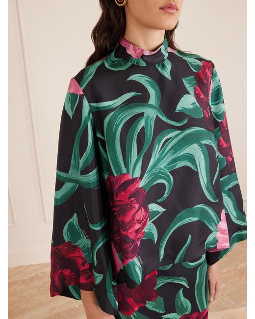 LaDoubleJ Green Make An Exit Floral-Print Silk-Twill Blouse