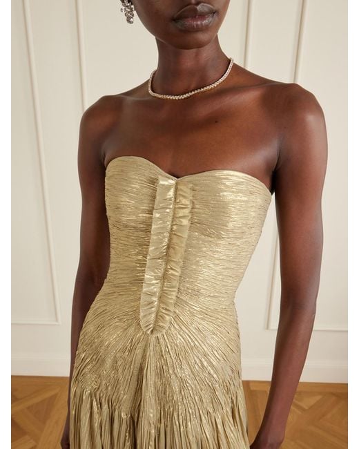 Marmar Halim Draped Pleated Metallic Silk-Georgette Gown