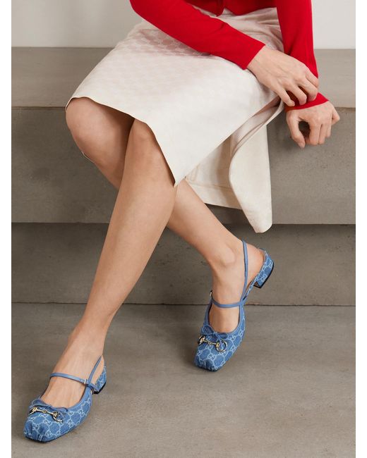 Gucci Blue Horsebit-Embellished Denim-Jacquard Slingback Sandals
