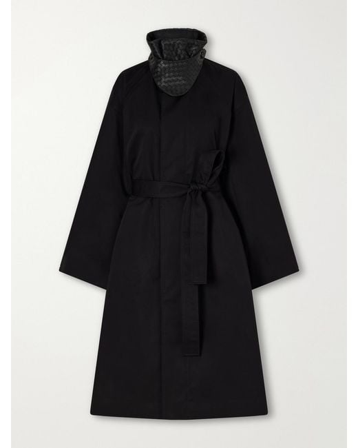 Bottega Veneta Black Belted Intrecciato Leather-Trimmed Cotton-Gabardine Coat