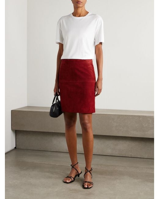 Loulou de Saison Red Engel Paneled Suede Midi Skirt