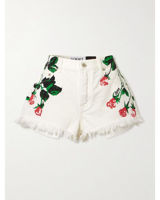 Loewe White Paula's Ibiza Frayed Floral-Print Denim Shorts