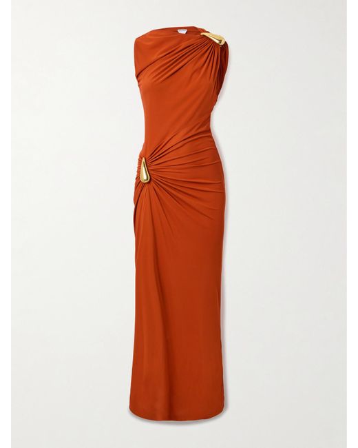 Bottega Veneta Orange Gathered Embellished Crepe-Jersey Maxi Dress