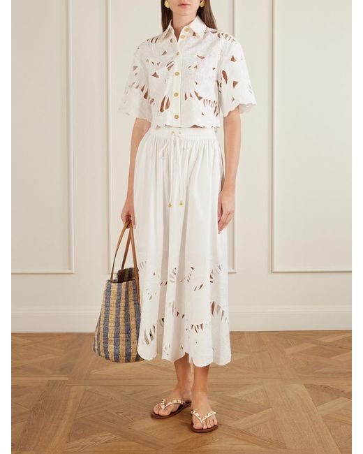 Zimmermann White Mahon Embroidered Cotton Midi Skirt