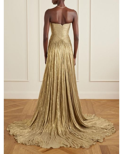 Marmar Halim Draped Pleated Metallic Silk-Georgette Gown
