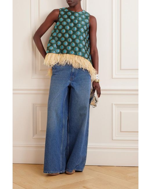 LaDoubleJ Green La Scala Asymmetric Feather-Trimmed Metallic Jacquard Top