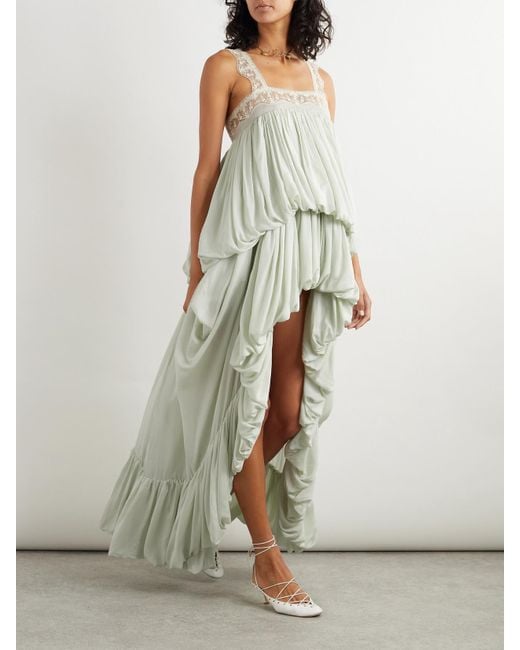 Chloé White Robe Aus Seidenchiffon Mit Raffungen Und Spitzenbesätzen