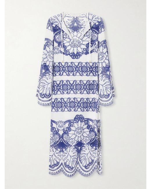 Borgo De Nor Blue Clea Scalloped Broderie Anglaise Cotton-Blend Midi Dress