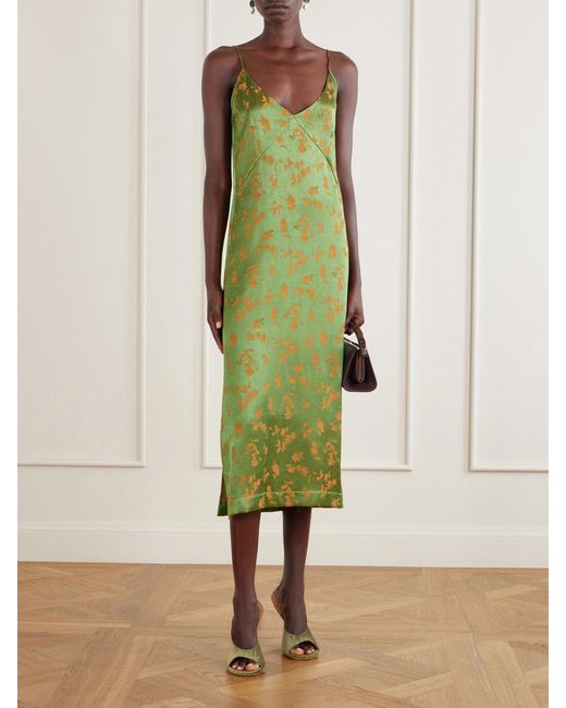 Dries Van Noten Green Floral-Jacquard Satin Midi Dress