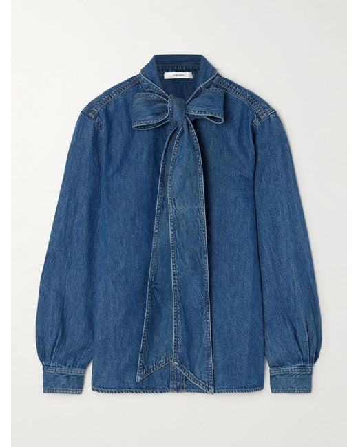 FRAME Blue The Secretary Pussy-Bow Denim Shirt