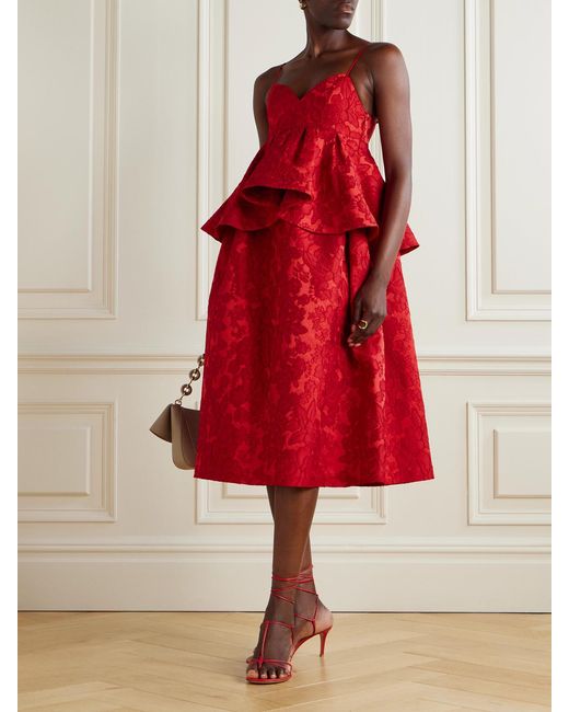 LaDoubleJ Red Satine Floral-Jacquard Matelassé Peplum Midi Dress