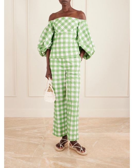 Rosie Assoulin Green Easy Does It Checked Cotton Straight-Leg Pants