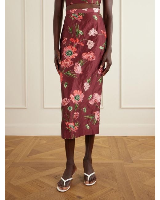 Erdem Red Floral-Printed Satin Midi Pencil Skirt