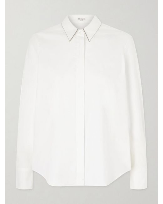 Brunello Cucinelli White Embellished Cotton-Blend Shirt