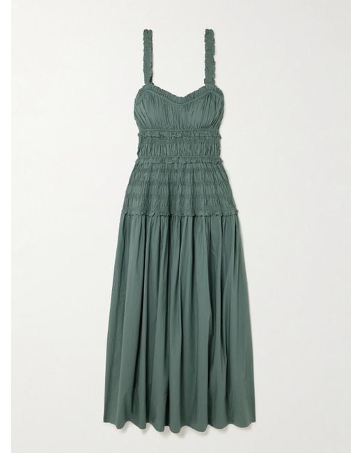 Doen Green Marianne Shirred Organic Cotton-Poplin Midi Dress