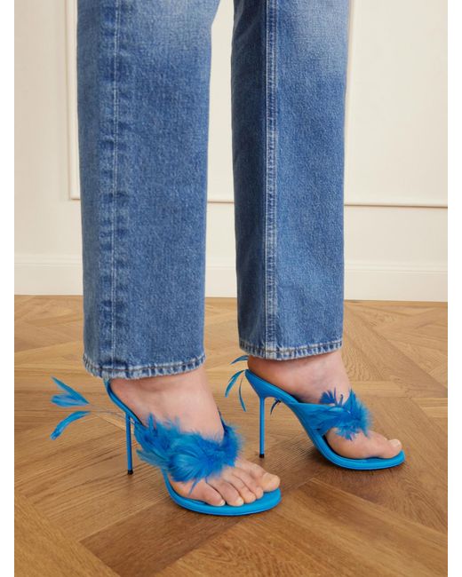 Paris Texas Blue Lidia 105 Feather-Trimmed Satin Mules