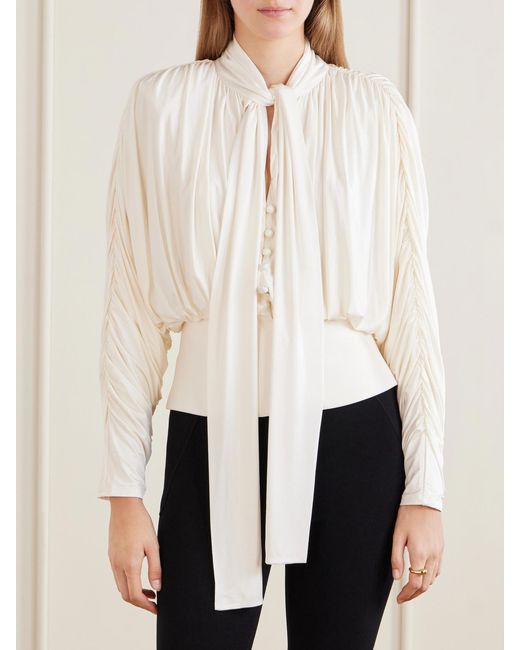 Self-Portrait Natural Tie-Detailed Gathered Stretch-Jersey Blouse