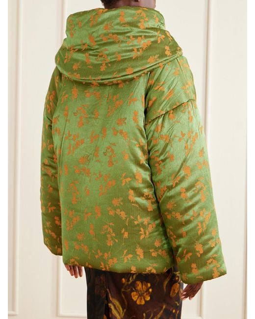 Dries Van Noten Green Hooded Padded Floral-Jacquard Short Jacket