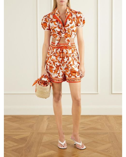 Dolce & Gabbana Orange Floral-Print Silk-Twill Mini Shorts