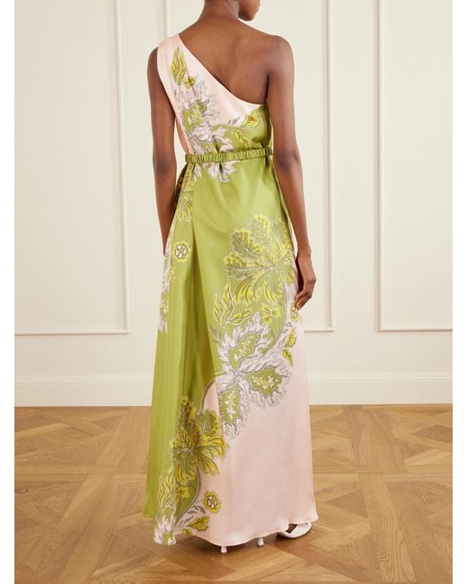 LaDoubleJ Pink Roy One-Shoulder Belted Floral-Print Silk-Twill Maxi Dress