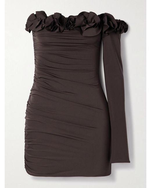 Maygel Coronel Black Selvaggio One-Sleeve Appliquéd Ruched Stretch-Jersey Mini Dress