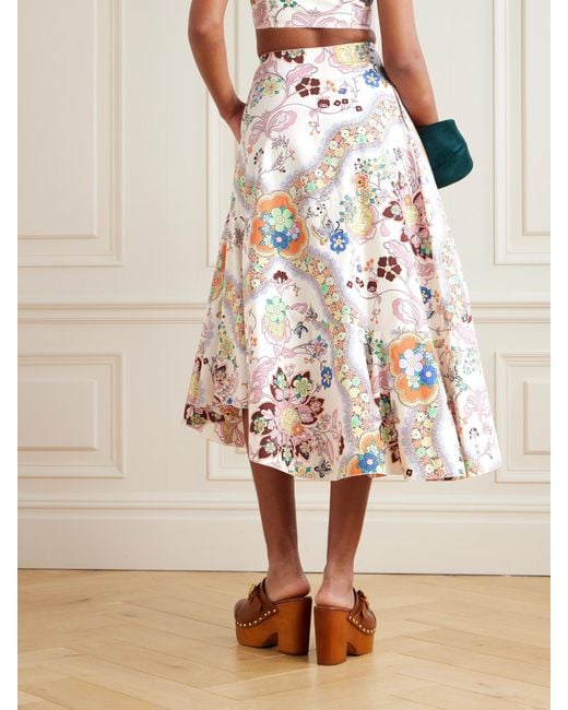 Etro White Asymmetric Floral-Print Cotton-Poplin Midi Skirt