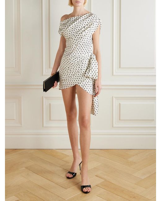 Self-Portrait White Tie-Side Asymmetric Polka-Dot Satin-Crepe Mini Dress